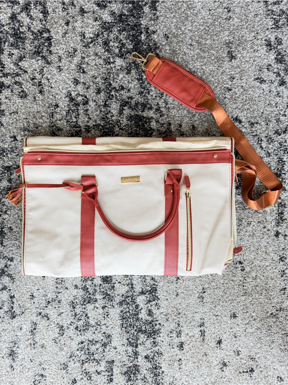 Cream and Coral Travel Duffel with Detachable Strap